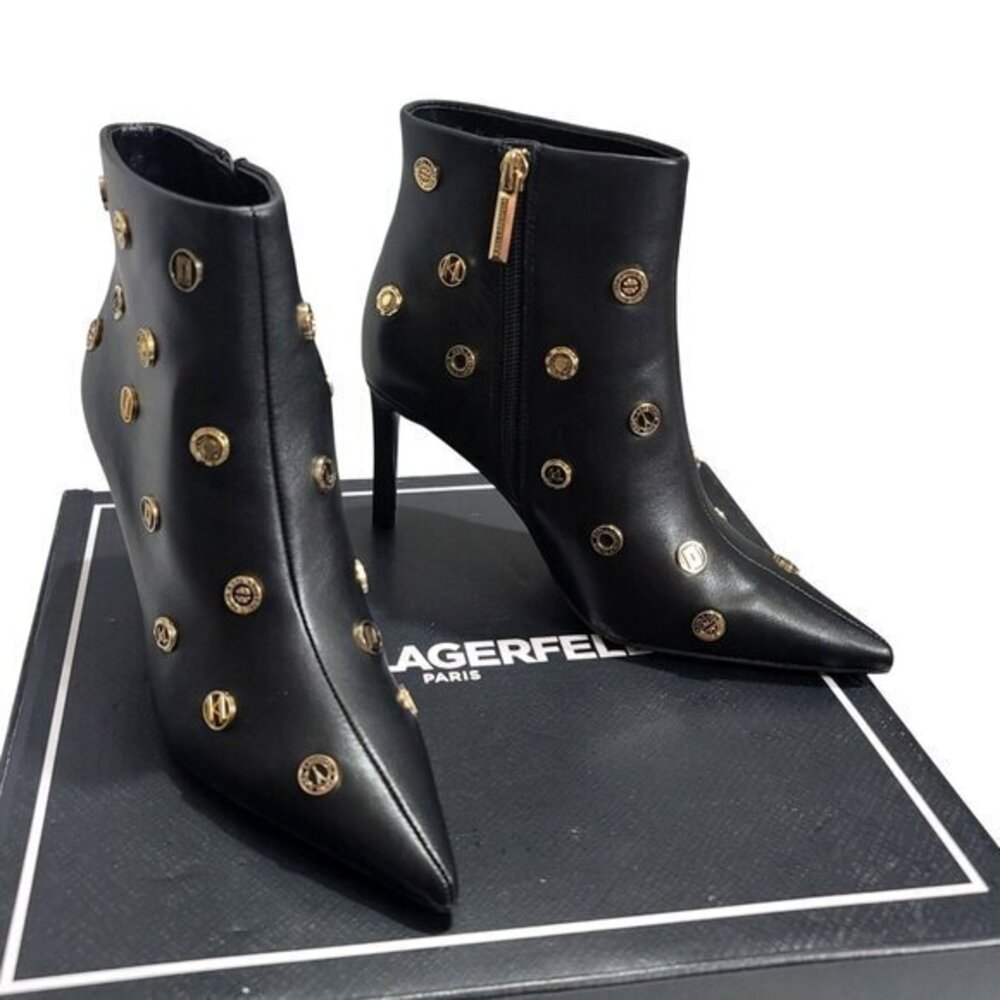Karl Lagerfeld Saina Boots Heeled Booties 5 Black Leather - Picture 12 of 12